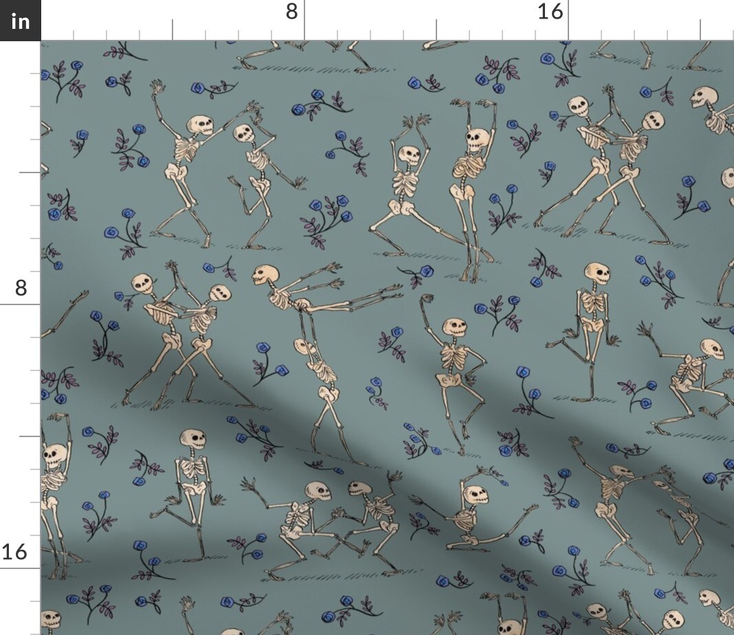 Dancing Skeletons Gothic Bones Roses Halloween Spooky Dance Danse Macabre Custom Printed Fabric by Spoonflower Various Fabrics by the Yard or Fat Quarter