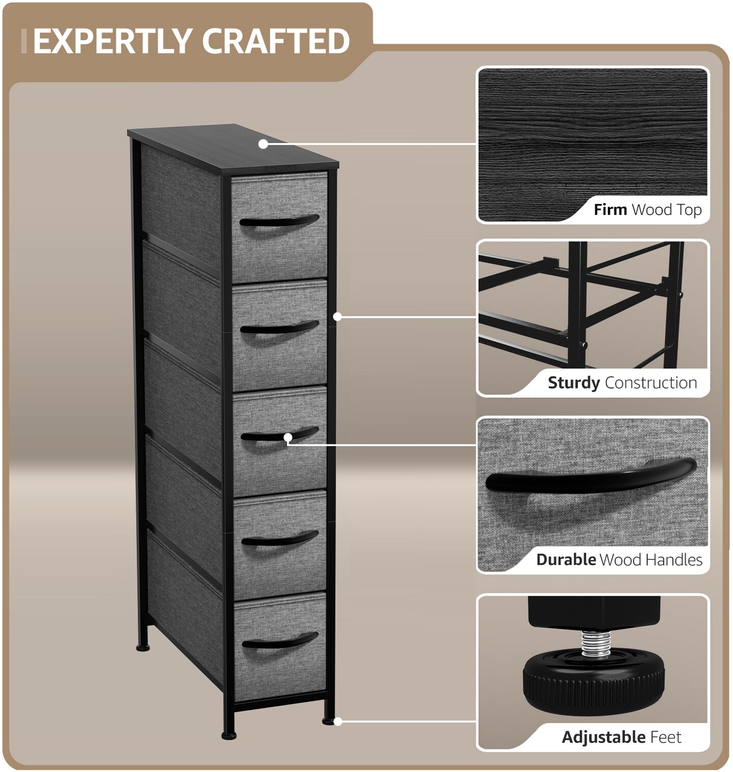 Sorbus Narrow Dresser with 5 Drawers - Steel Frame, Wood Top & Easy Pull Fabric Bins
