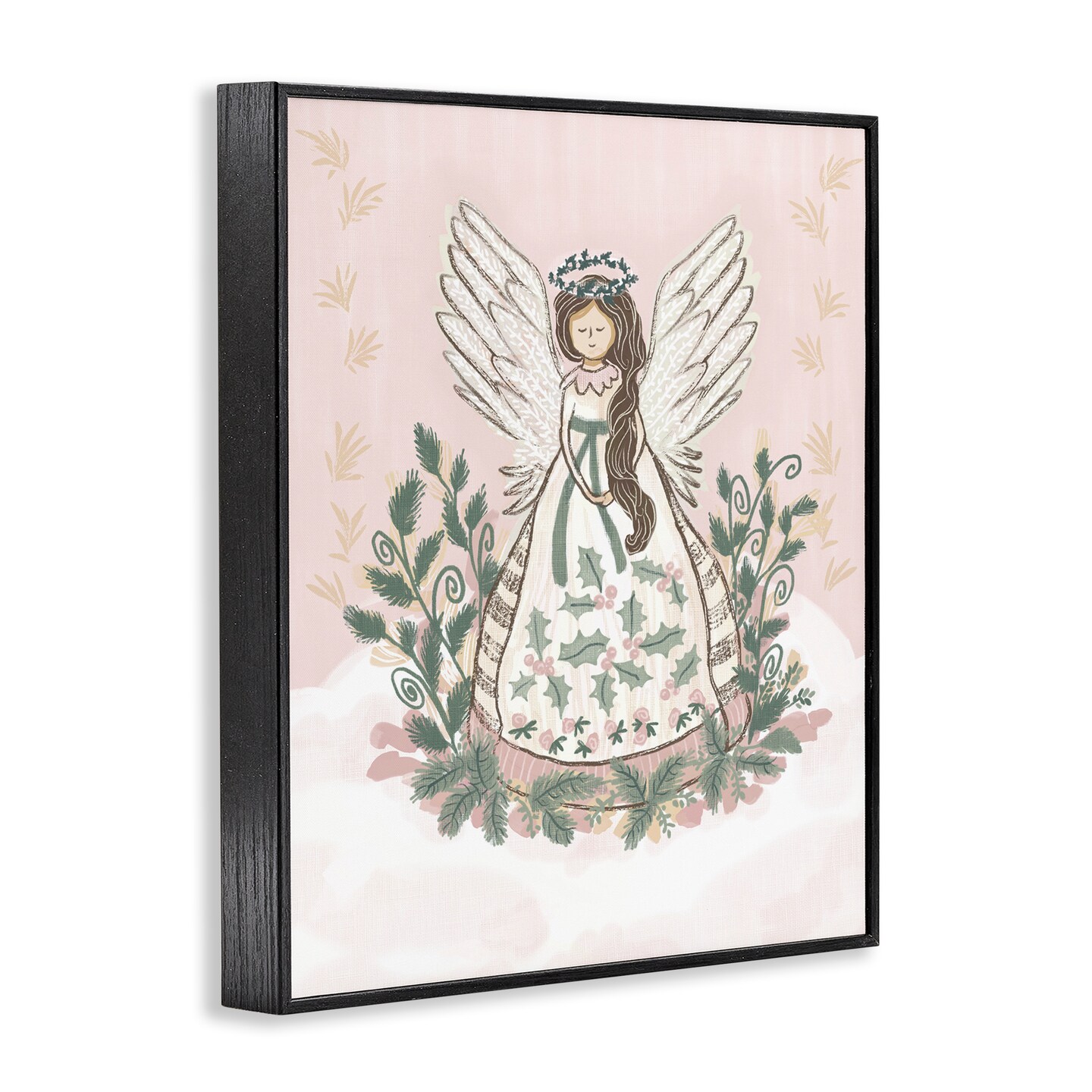 Stupell Industries Christmas Angel with Botanicals  Black Framed Giclee Art, design by Connie Summers