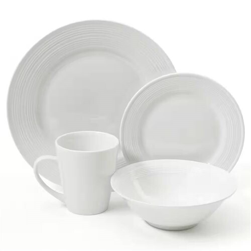White Porcelain Ceramic 16 Piece Round Rim Dinnerware Set Plates Bowls Mugs Microwave Safe