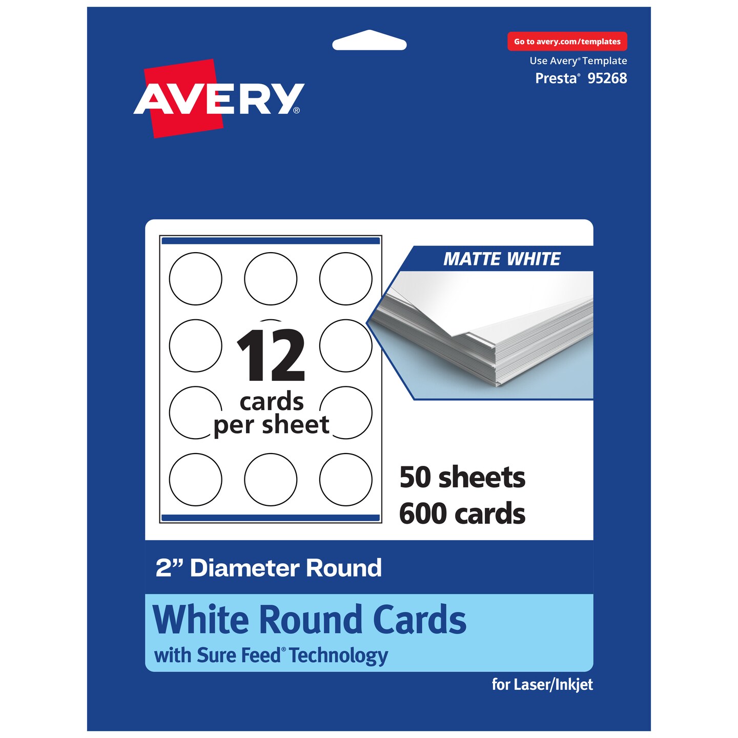 Avery Printable Matte White Cards with Sure Feed, 2" Diameter Round