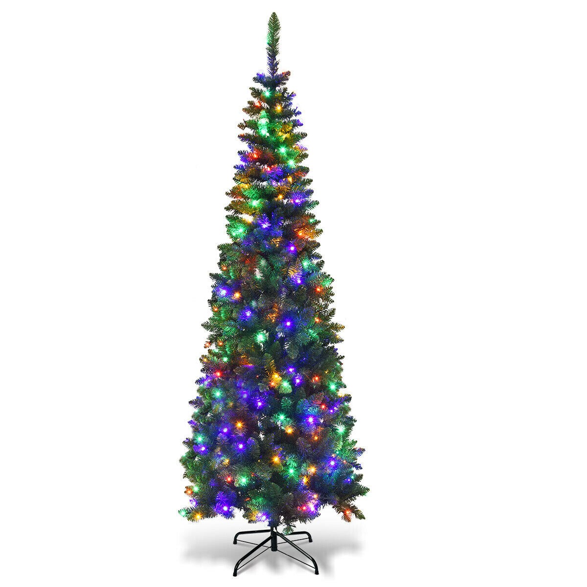 Green PVC Pencil Christmas Tree with LED Lights, Iron Stand and Hinged Design