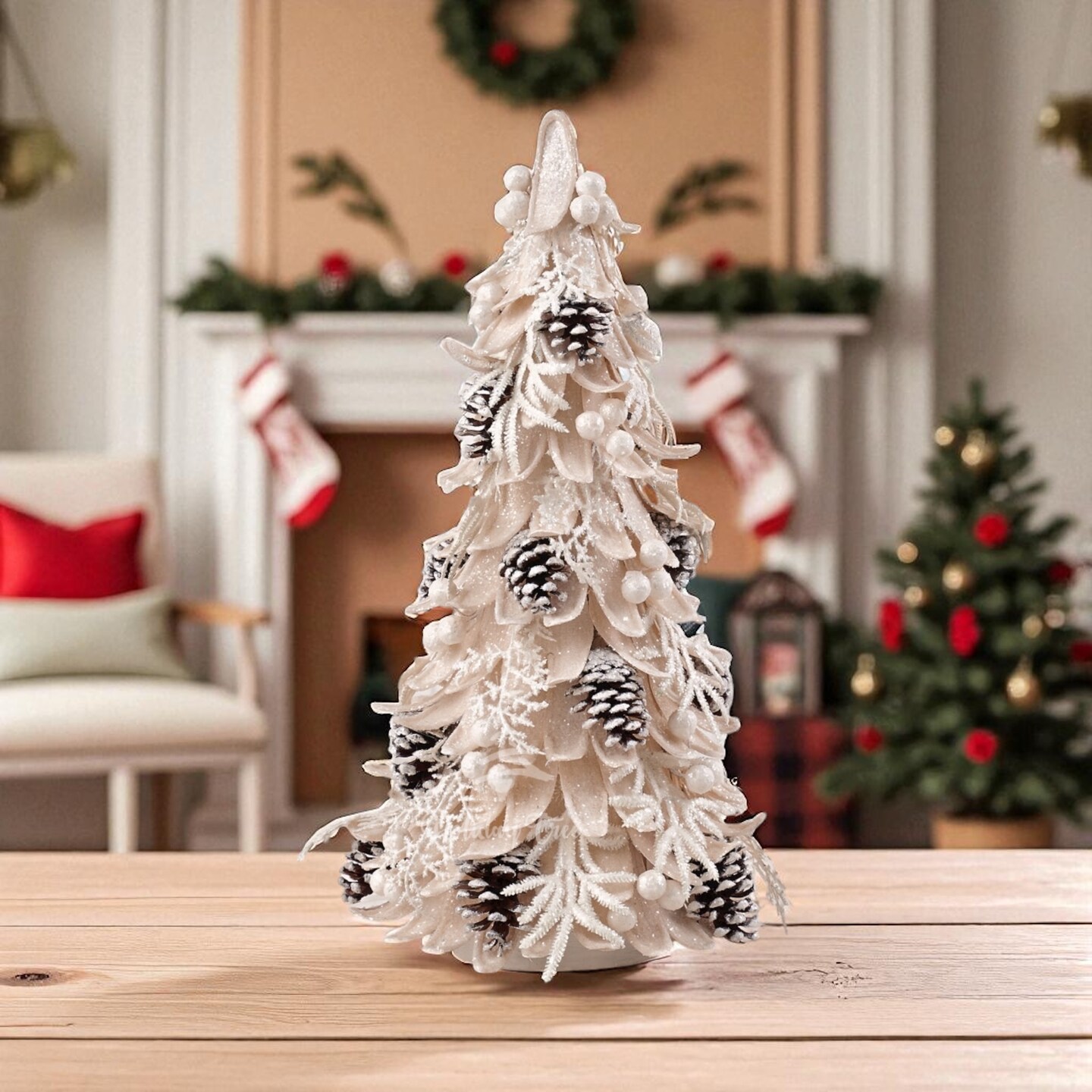 Tabletop Tree Christmas - Natural Woodcurl Tree W/ Pinecones and Berries - Wood curl Petal Cone tree - Holiday Tree