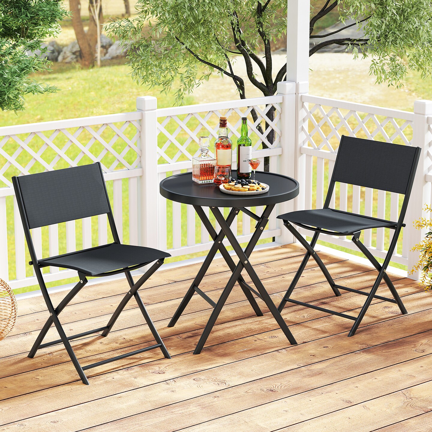 3 Piece Folding Patio Bistro Set with Tempered Glass Table and 2 Chairs Outdoor Dining Furniture Black
