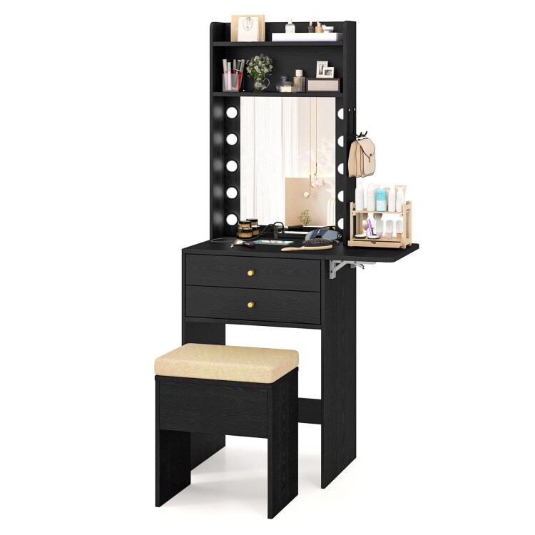Black Vanity Desk with LED Lighted Mirror Charging Station and Drawers, Stool and Storage Shelves