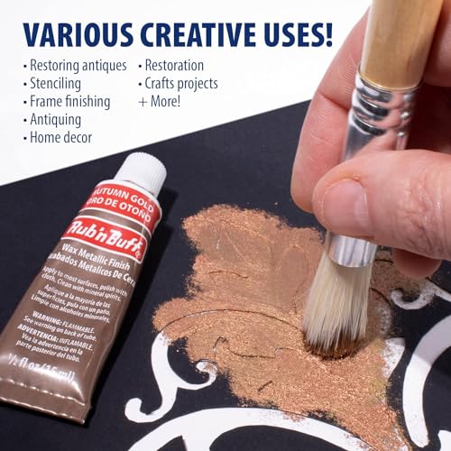 Rub n Buff Metallic Wax with Cotton Glove and 8&#x22; x 8&#x22; Cloth - Gilding Wax for a Smooth Adjustable Gloss Finish - Single 0.5oz/15ml Tube (Gold Leaf)