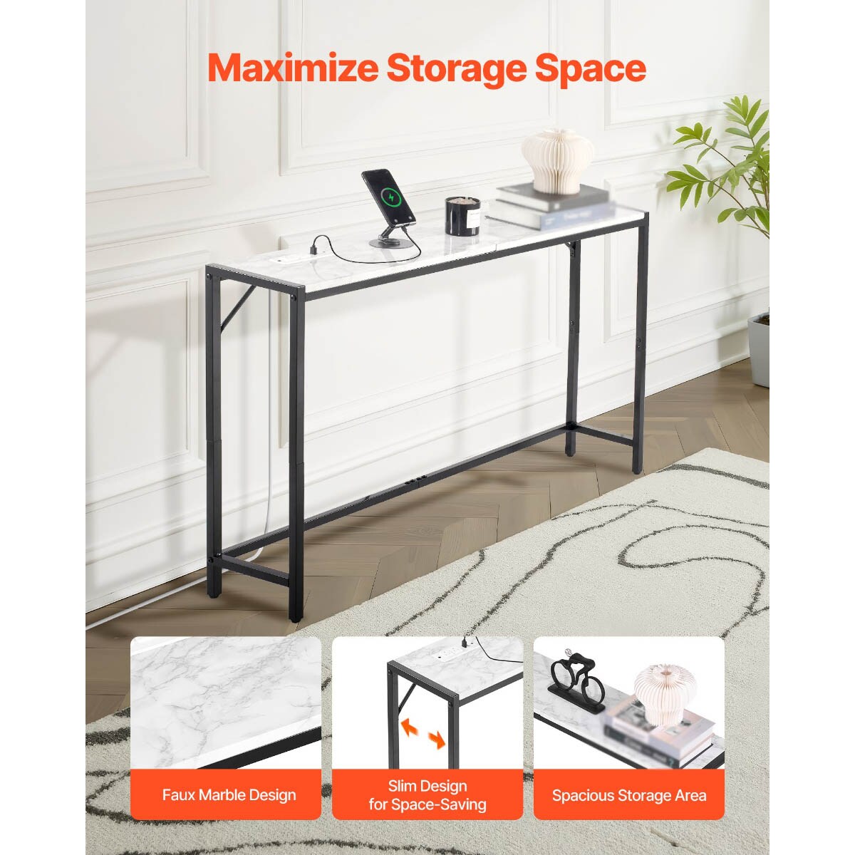 Modern Marble Console Table with Power Outlet for Living Room