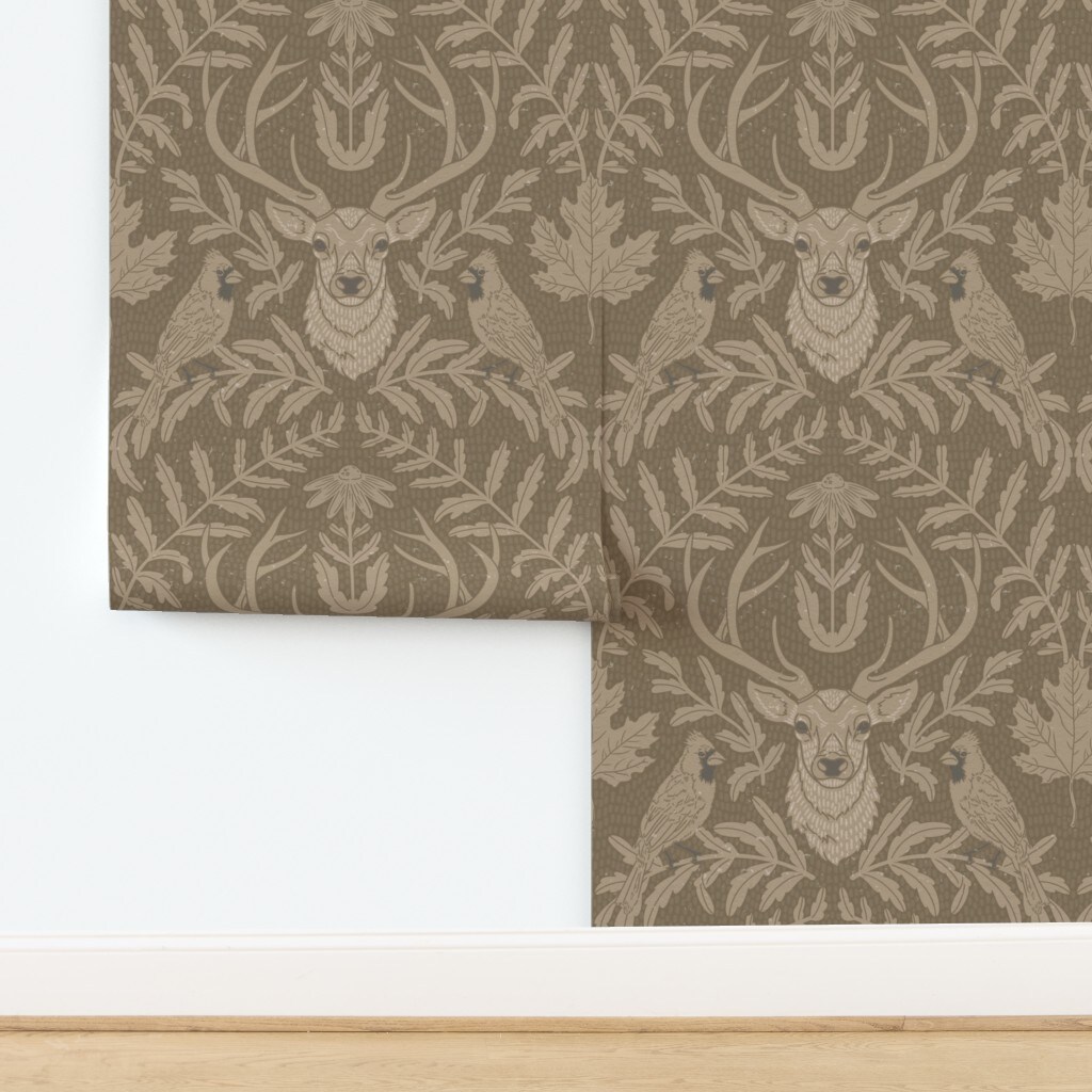 Cabincore Deer Cardinals Birds Trees Forest Woodland Maple Nature Cottagecore Rustic Lodge Antlers Maple Leaf Cabin Brown Fall Autumn Hunting Custom Pre-pasted Wallpaper by Spoonflower Pre-Pasted Wallpaper 2FT Wide