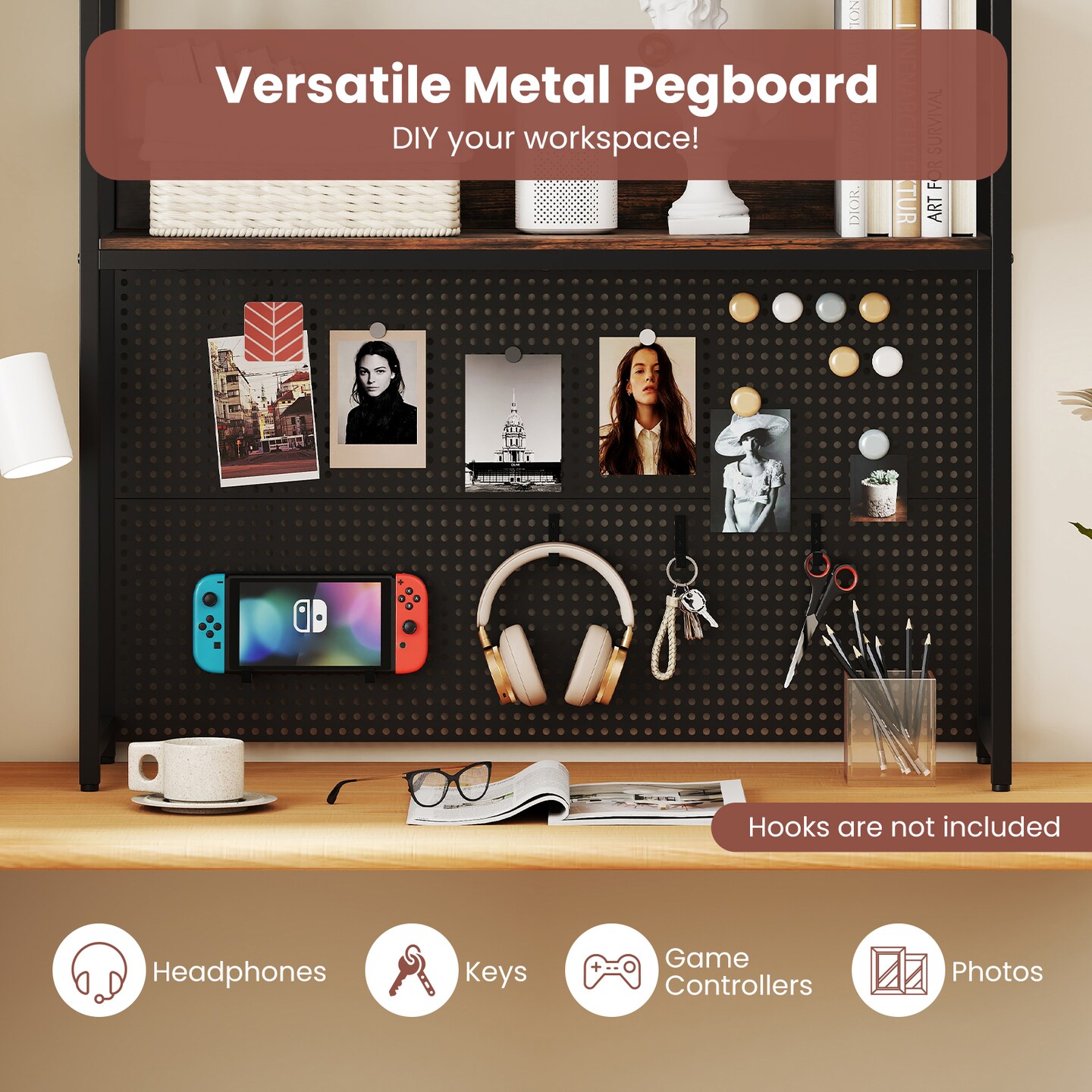 Desktop Organizer Shelf 2-Tier Bookshelf with Pegboard for Monitors