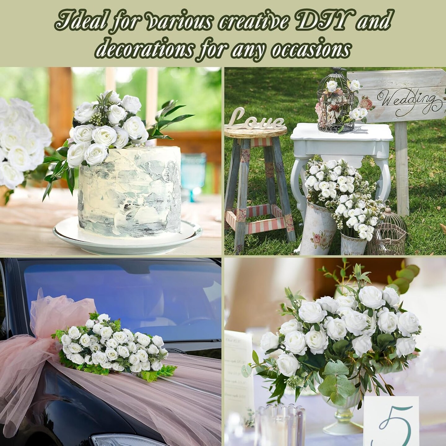 8-Pack White Artificial Mini Rose Bouquet - 12 Inch Silk Flower Bunches with 80 Total Heads - Bulk Faux Rose Stems for Wedding Centerpieces, Bridal Showers, Home Decor, and DIY Floral Crafts