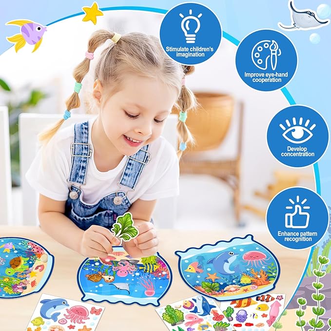 Summer Craft Kits for Kids Make A Ocean Animals Worlds Stickers Scene, Summer Craft Under The Sea Scene Sticker Shark Tropical Fish Sea Animal Bulk Set for Home Classroom Game Activities (24Set)