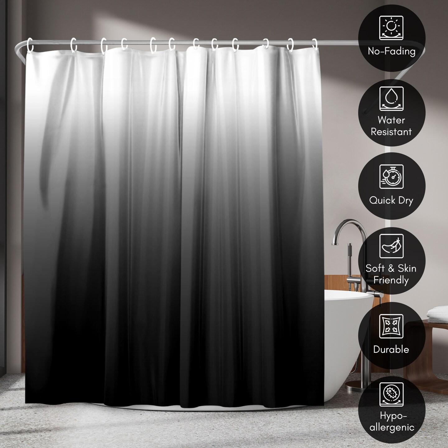 Americanflat 71x74 Ombre Black Shower Curtain - Water Resistant - Polyester Fabric