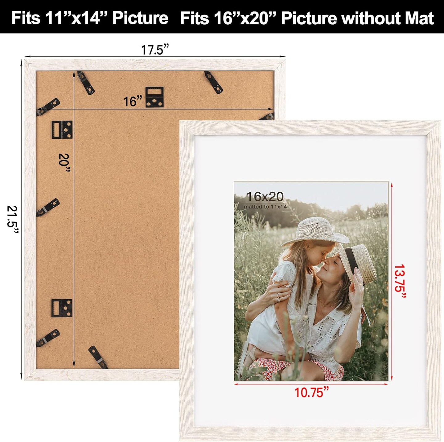 16x20 Picture Frame with Mat for 11x14 Set of 3, Rustic White Wood Grain 16x20 Frames for Wall Mounting (3 Pack, White)