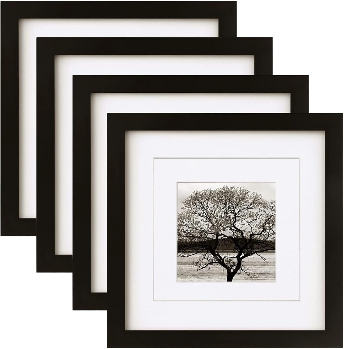 8x8 Picture Frames 4 PCS - Made of Solid Wood Covered by Plexiglass Display 4x4/6x6 with Mat or 8x8 without Mat, for Table Top Display and Wall Mounting Photo Frame Black