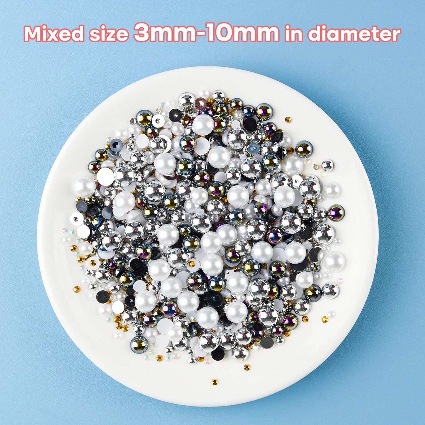 50g Mix Flatback Rhinestones Half Pearls for Crafts Mixed Size 3mm-10mm Flat Back Rhinestones for Crafts Flatback Pearls for DIY Tumblers Mugs Nail Art Shoes Clothes (Black White Series)