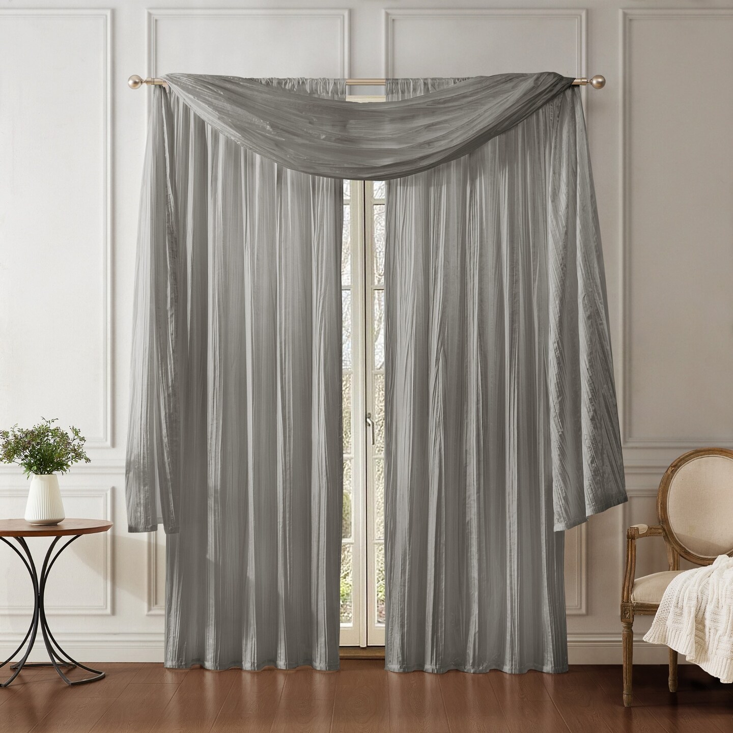 Threadmade Home Athena Faux Silk Window Curtain and Scarf Set, Sterling - 52"W x 95"L