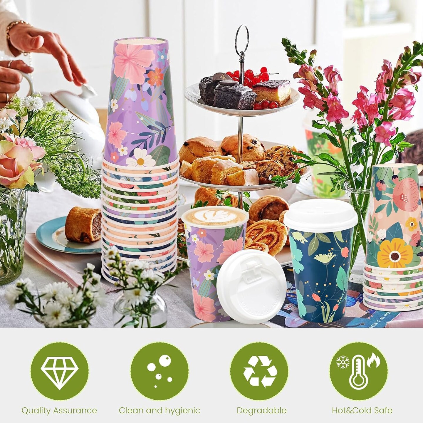 48-Pack 16 oz Floral Disposable Coffee Cups with Lids – Spring-Themed Paper Cups for Parties, Weddings & Events