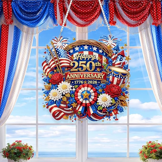 Acrylic Diamond Art Hanging Kit for Adults 4th of July Wreath, DIY Diamonds Painting Door Hanger Board Kit, Special Crystal Diamond Art Painting Pendant Ornament (Happy 250th Anniversary)