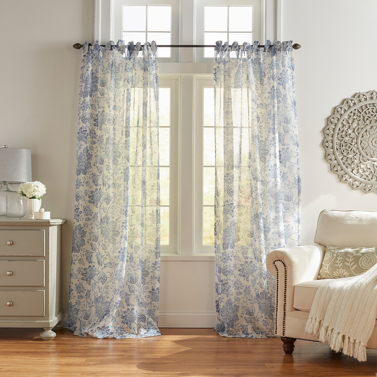 Threadmade Home Westport Floral Tie-Top Sheer Window Curtain, Indigo - 52"W x 95"L
