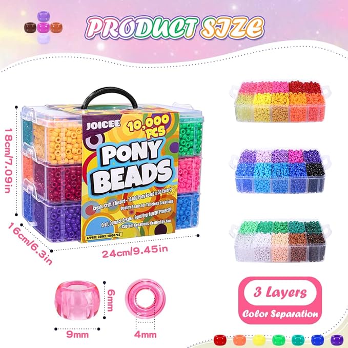 10,000 Pcs Pony Beads Bulk Set with 3-Layer Storage Box, 30 Assorted Rainbow Colors Kandi Beads (6x9mm) for Friendship Bracelets, Jewelry Making & Hair Braiding