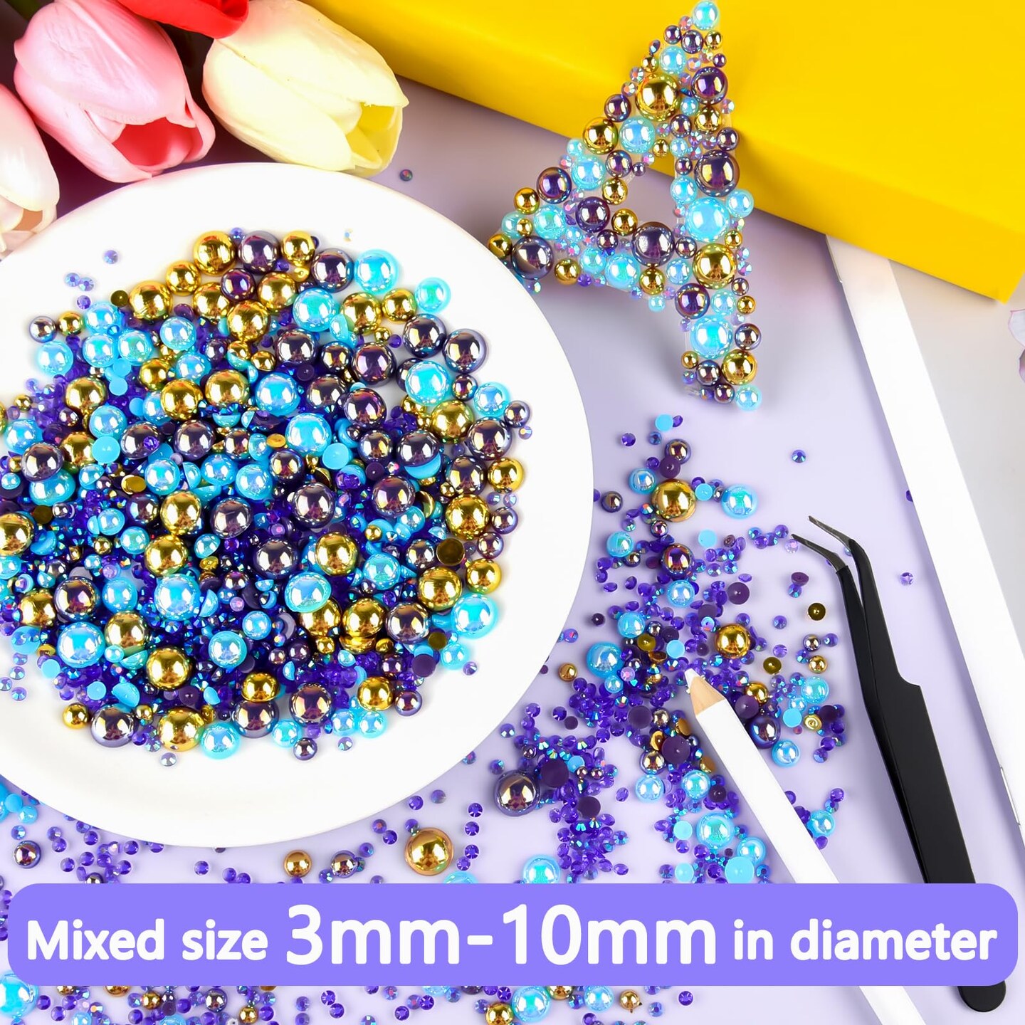 50g Mix Flatback Rhinestones Half Pearls for Crafts Mixed Size 3mm-10mm Flat Back Rhinestones for Crafts Flatback Pearls for Decorating Tumblers Mugs Nail Art Shoes (Blue Gold Series)