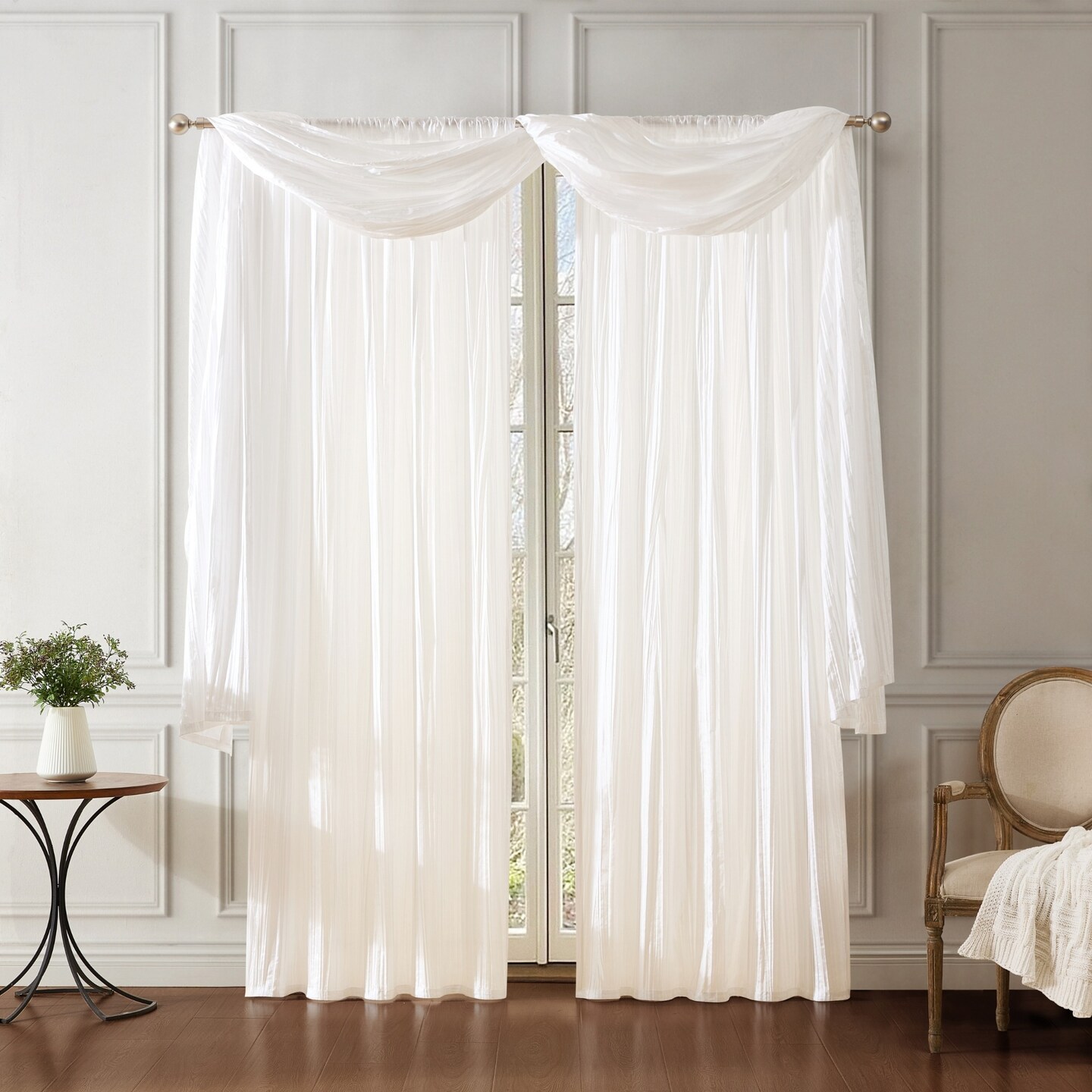 Threadmade Home Athena Faux Silk Window Curtain and Scarf Set, White - 52"W x 95"L
