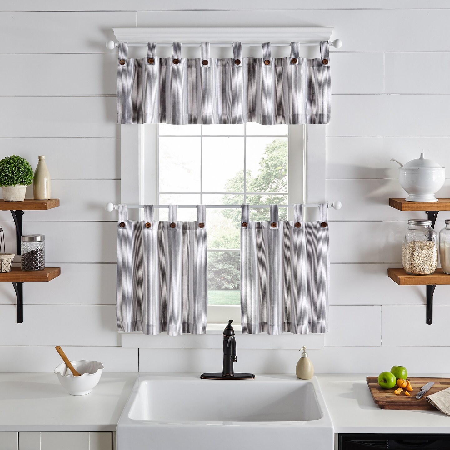 Threadmade Home Tucker Ticking Stripe Window Tier Set, Gray - 30"W x 36"L