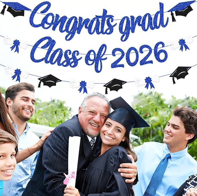 Congrats Grad Class of 2026 Banner Graduation Cap Diploma Theme Party Decoration for for High School College University Senior 2026 Celebrate Party Supplies (Blue)