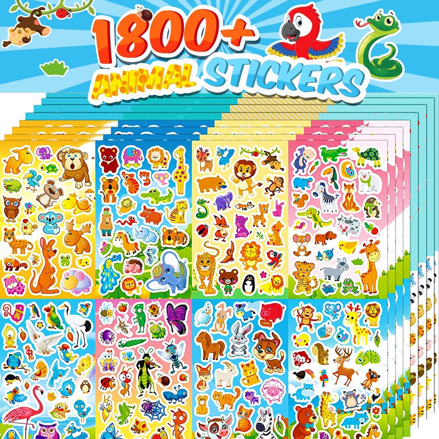 64 Sheets Stickers for Kids, 1800+pcs Animal Sticker, 16 Animal Themes