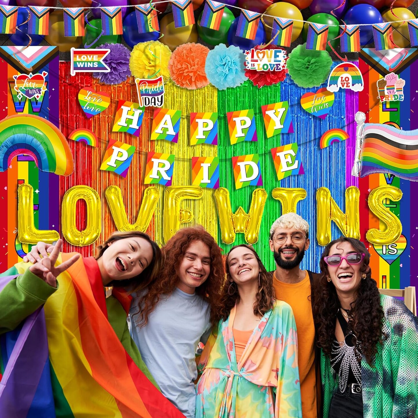 64PCS Pride Month Decorations with Rainbow Foil Curtain, Porch Sign , Banner, Balloons and Flags