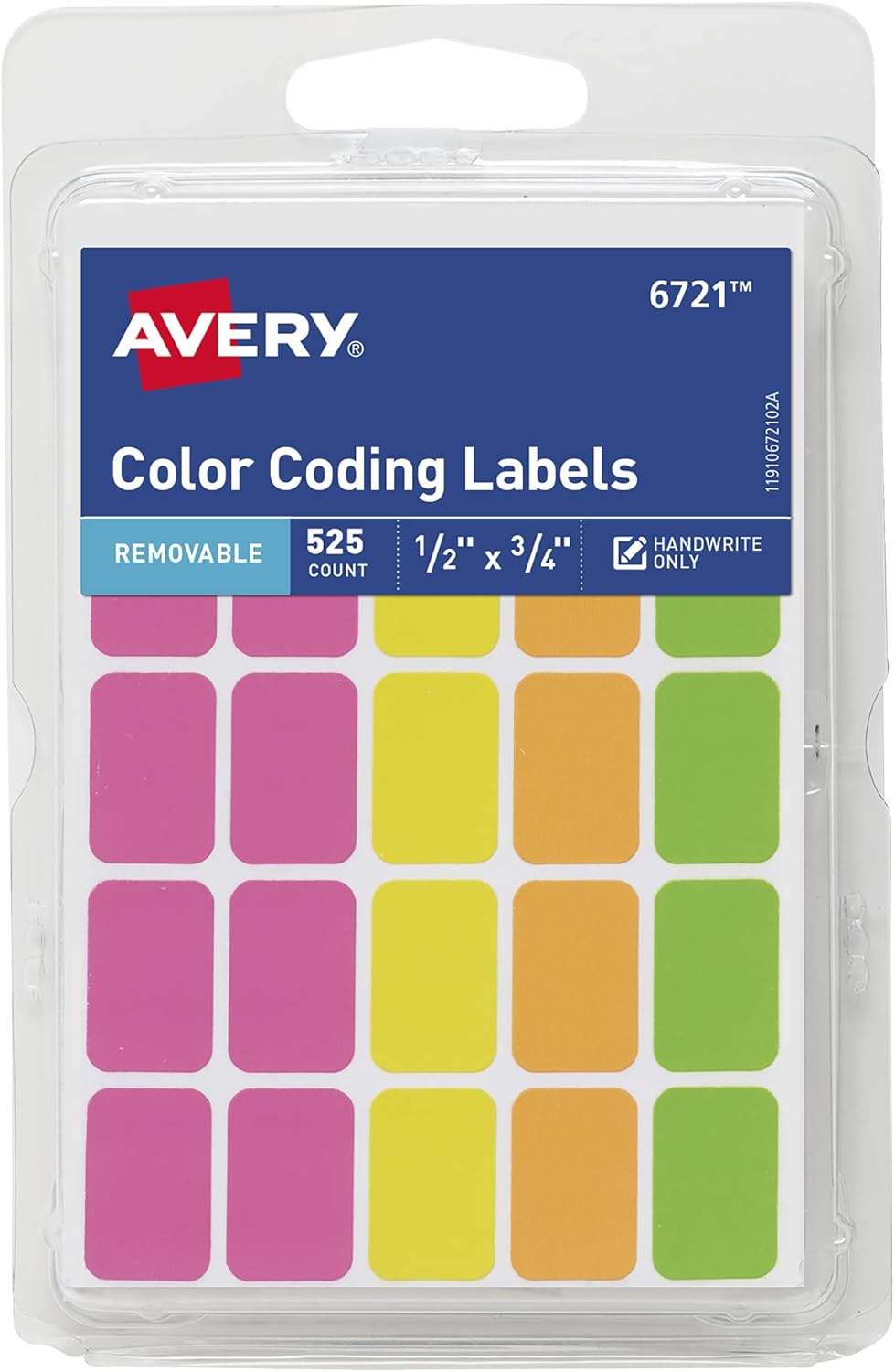 Removable Color Coding Labels, Rectangular, Assorted Colors, Pack of 525