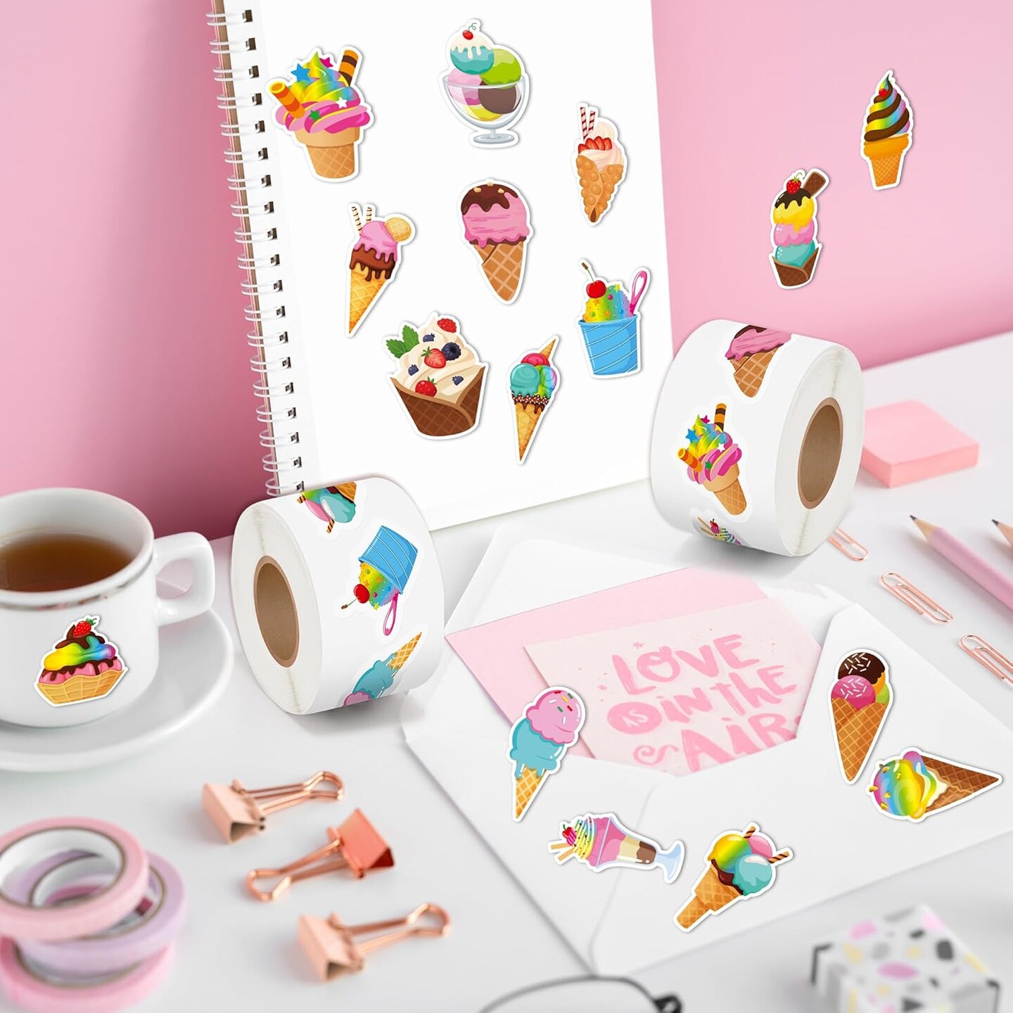 1000Pcs Ice Cream Stickers in 2 Rolls Waterproof Vinyl Sweets Themed Cute Dessert Decals