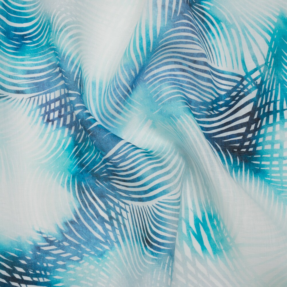 1 Yard Sahara Blue and White Palm Leaves Medium Weight Linen Woven Print