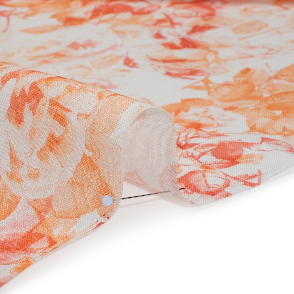 1 Yard Orange Red White Linen Woven Print Fabric Medium Weight Airy Leaves 58 inch Width