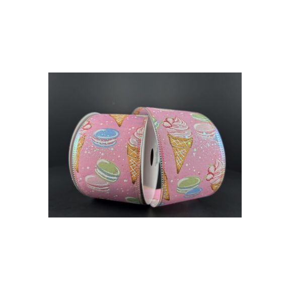 2.5&#x22; Ice Cream Macarons Ribbon: Pink (10 Yards)