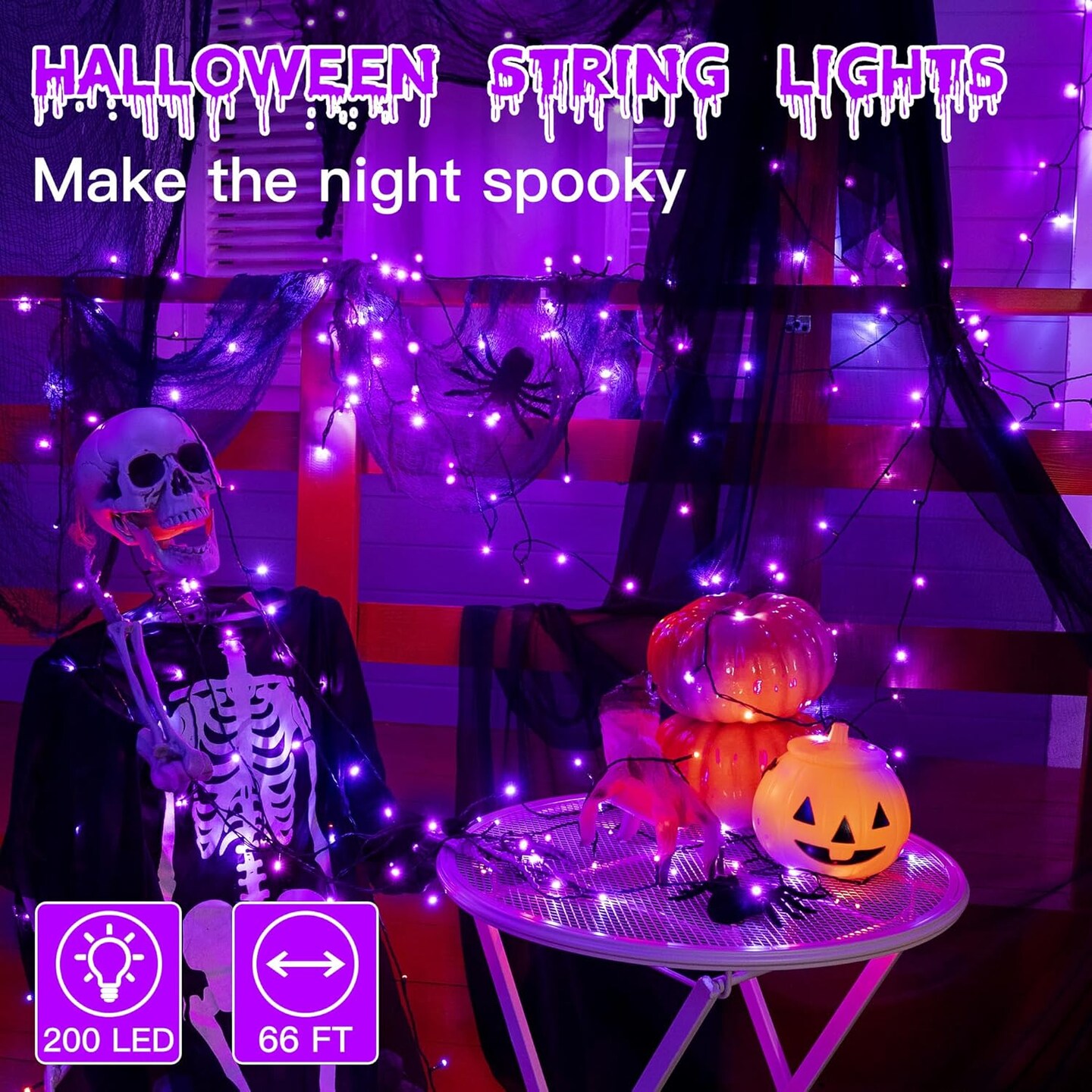 66FT 200 LED Halloween Lights, Purple Halloween Lights Outdoor with 8 Lighting Modes(Purple)