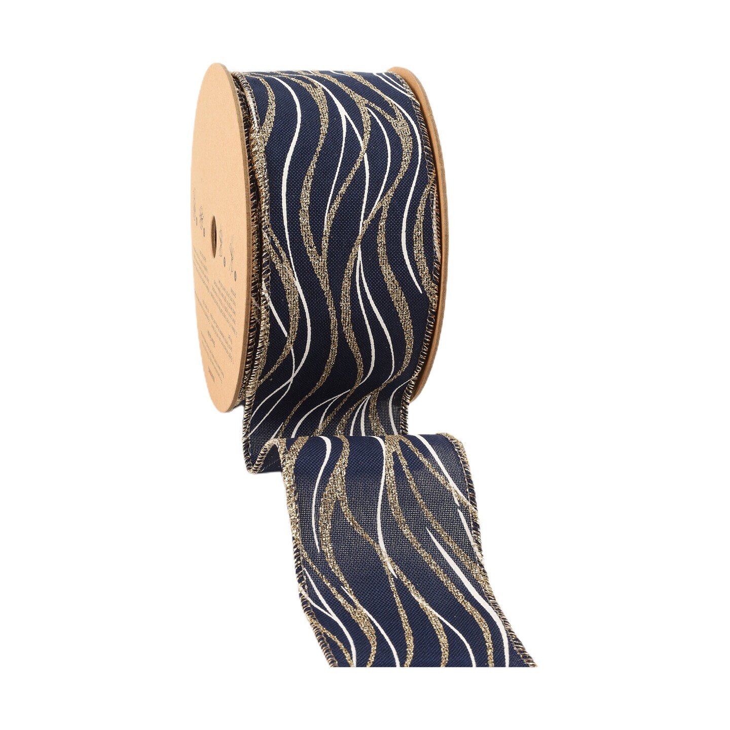 LaRibbons 2 1/2" Faux Linen Wired Ribbon | Blue w/ Gold Glitter and Print White Curve | 10 Yard Roll