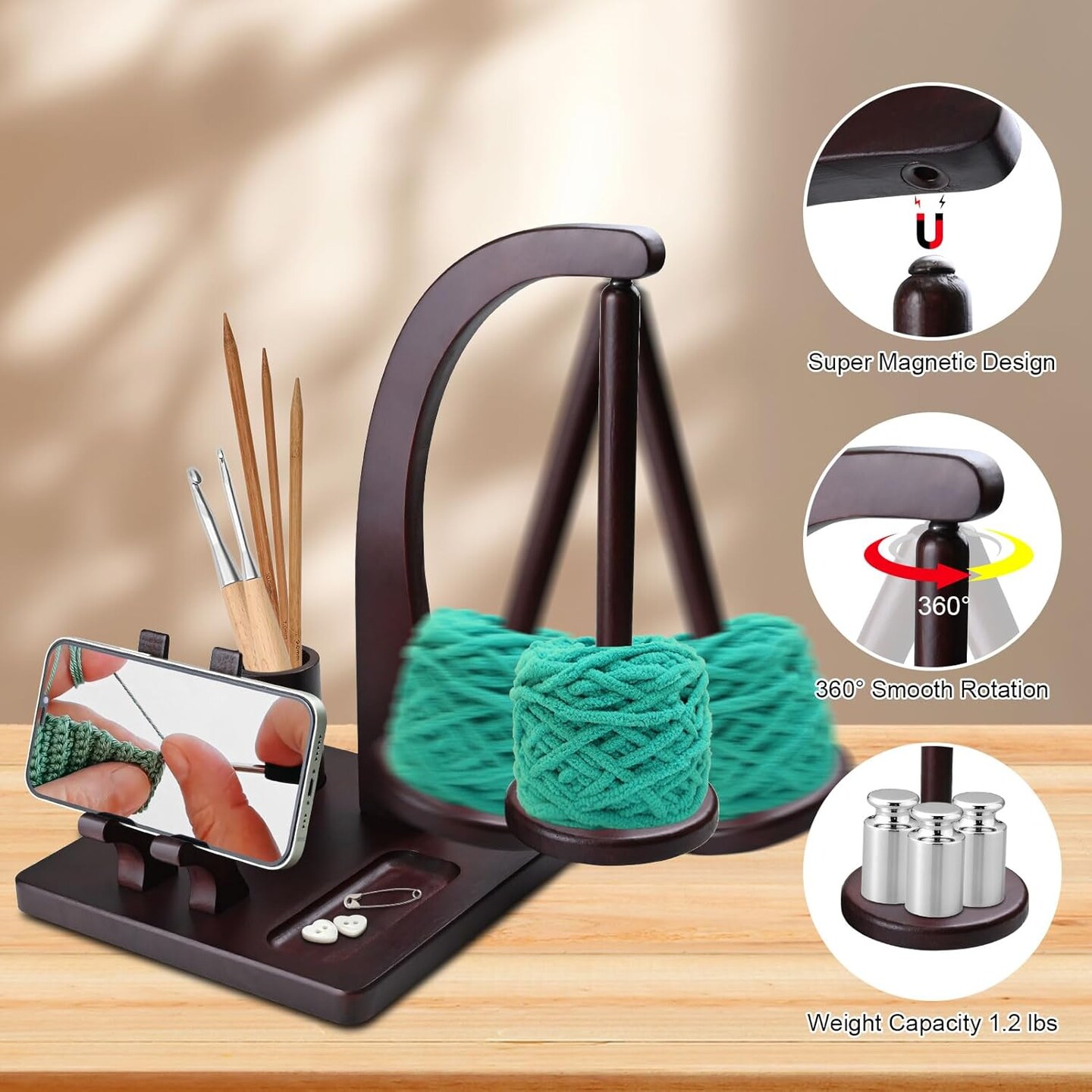 Magnetic Yarn Holder for Knitting and Crocheting, Wooden Yarn Spool Rack