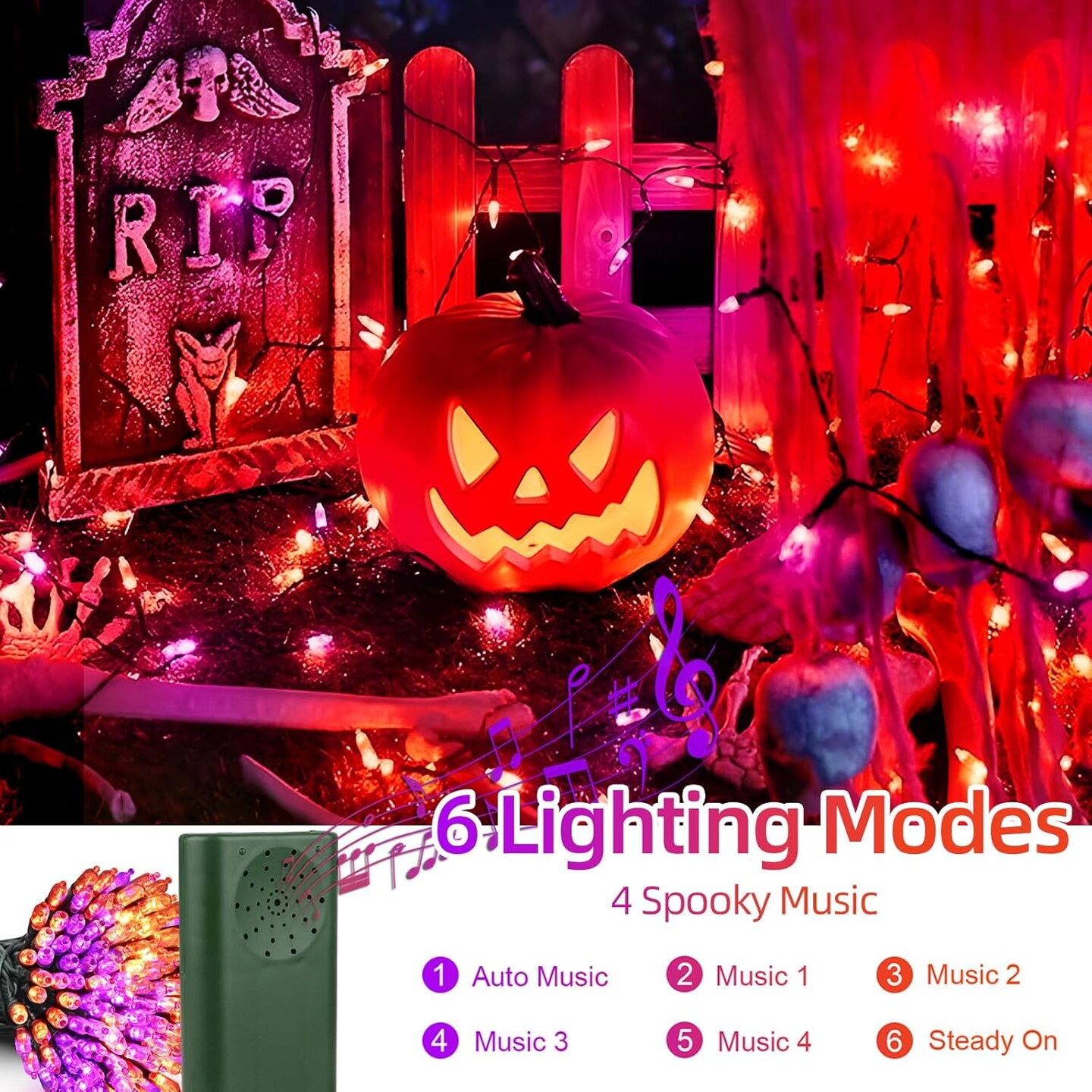 Halloween Lights 33ft 100 LED Battery String Lights with Motion Sensor,2 Colors(Motion Sensor Purple+Orange & Music)