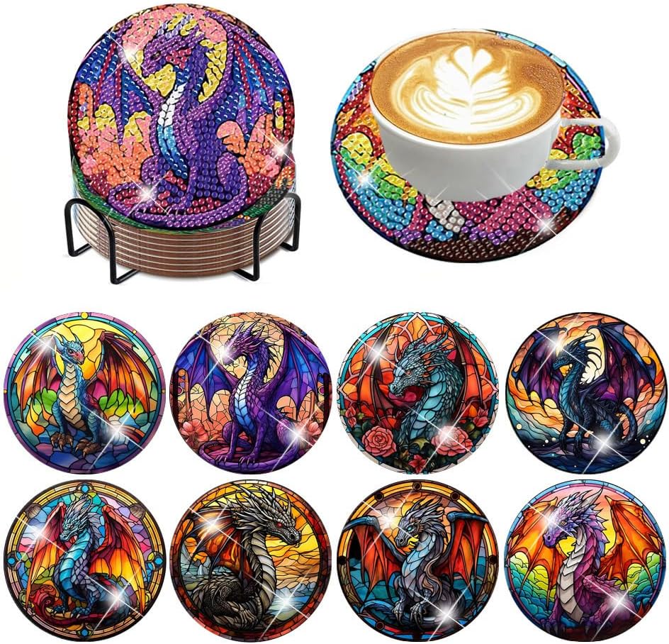 8 PCS Dragon Diamond Painting Coasters Kit (Dragon) 3.9 x 3.9 x 0.5 inches