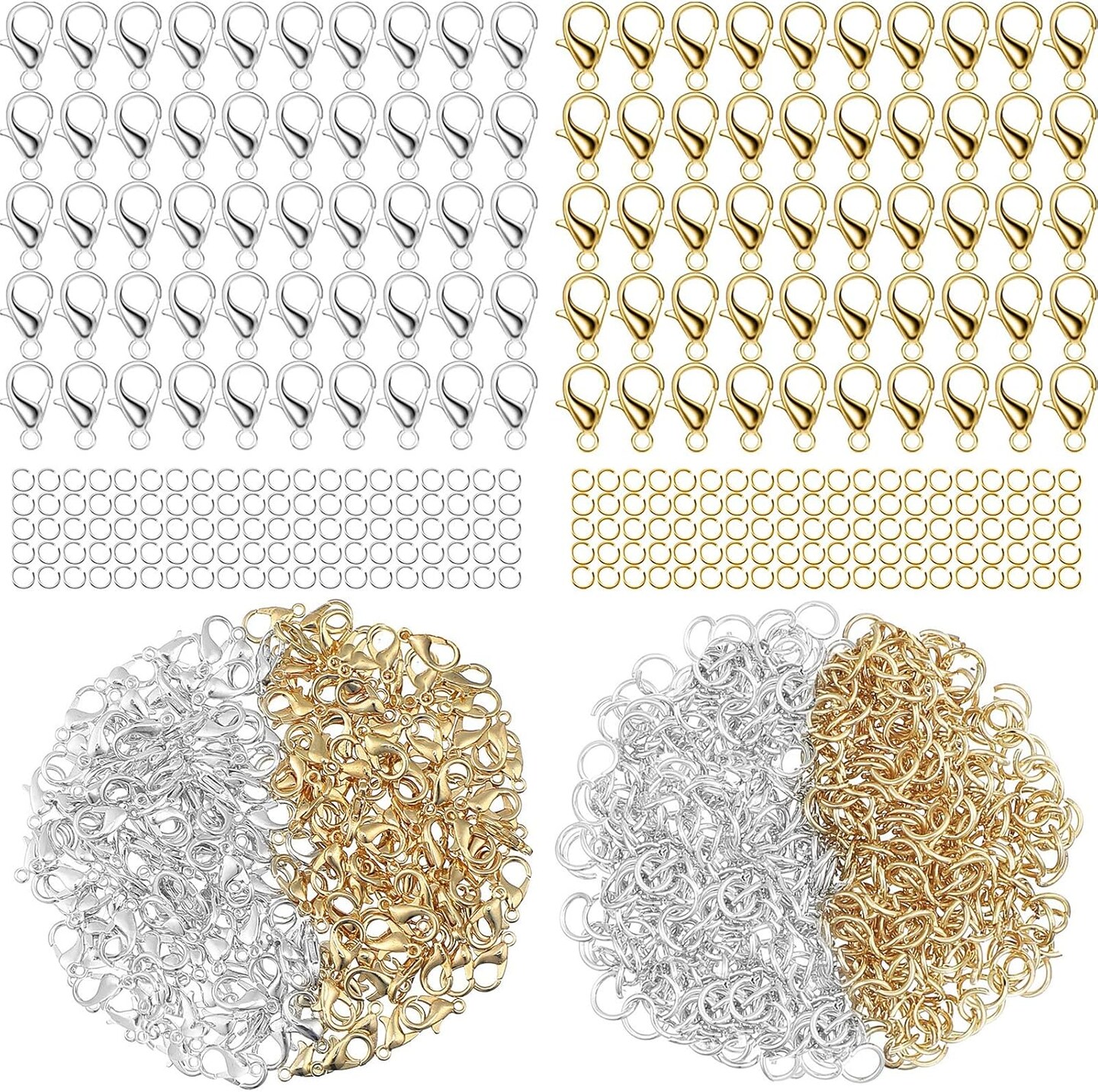 300 Pcs Lobster Claw Clasps and Open Jump Rings Set Alloy Jewelry Findings Kit (Gold,Silver)
