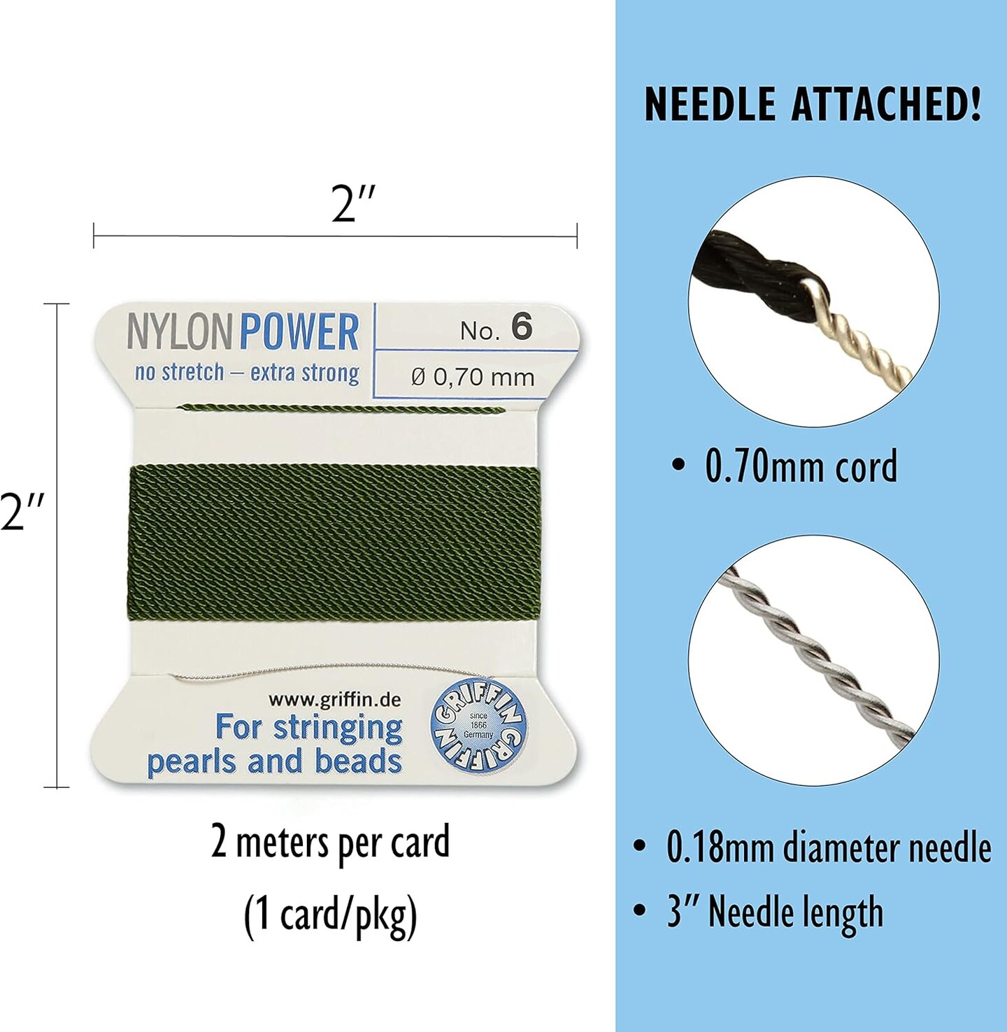 Griffin Nylon Bead Cord Perlseide – Size 6 (0.70mm) – 2 Meters per Card – Stainless Steel Needle Attached – for Knotting Pearls, Gemstones, Crystals and Beads