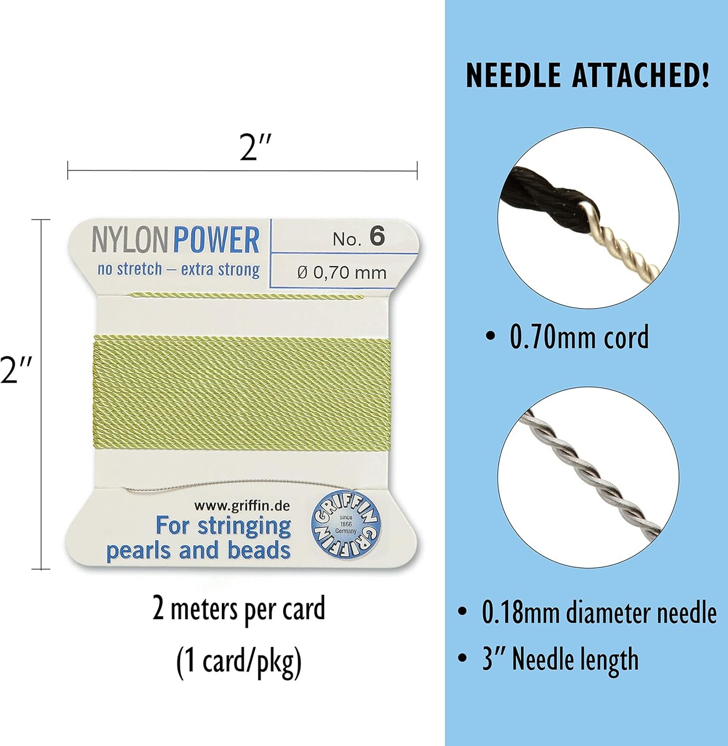 Griffin Nylon Bead Cord Perlseide – Size 6 (0.70mm) – 2 Meters per Card – Stainless Steel Needle Attached – for Knotting Pearls, Gemstones, Crystals and Beads