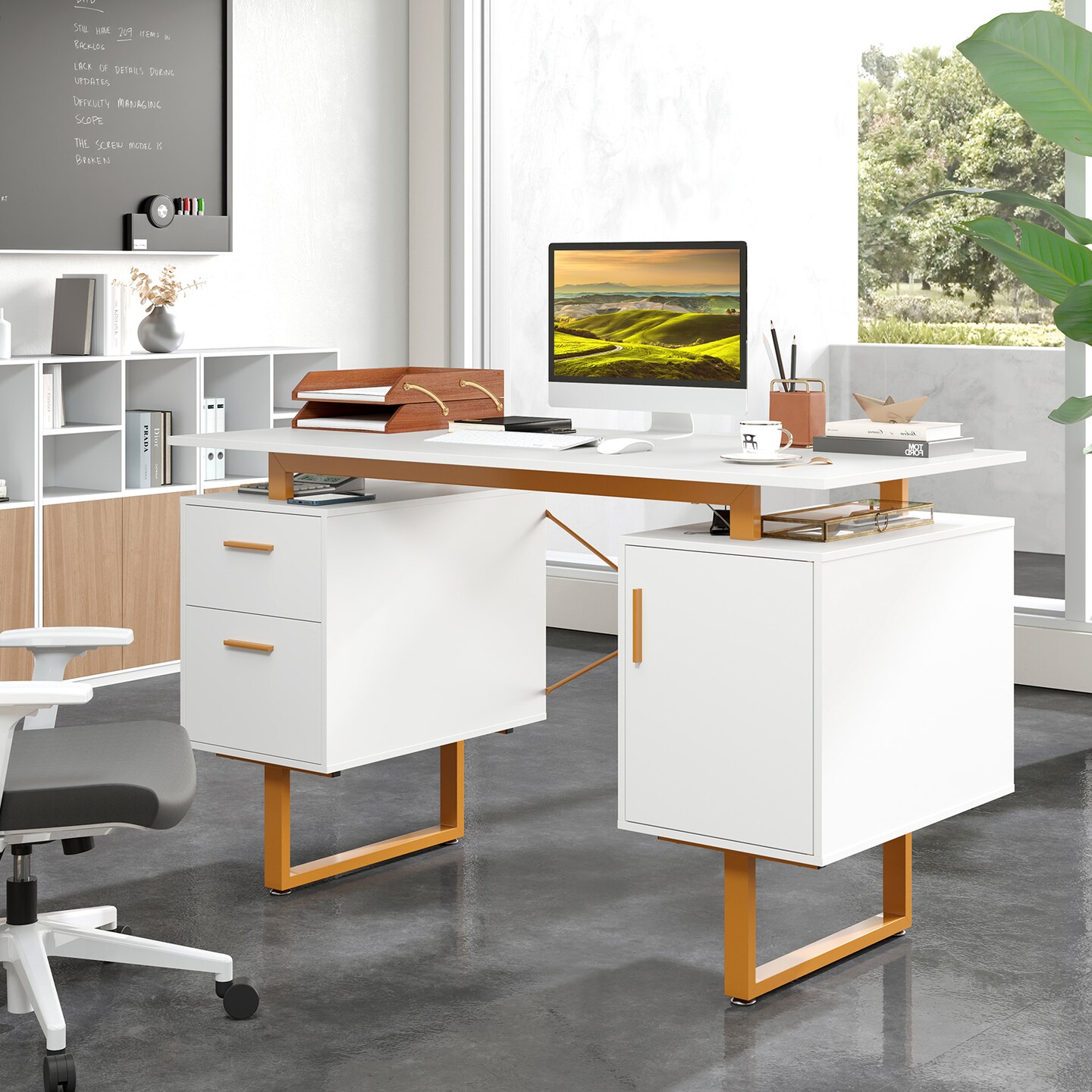 White 51 Inch Dual Drawer Computer Desk with Floating Desktop and X-Shaped Metal Frame