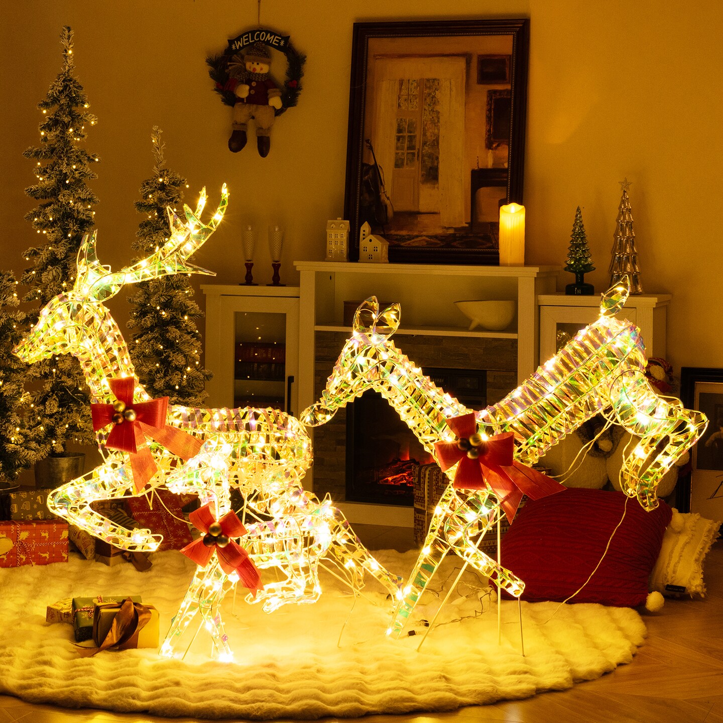 3-Piece Lighted Christmas Reindeer Family with LED Lights and Bows