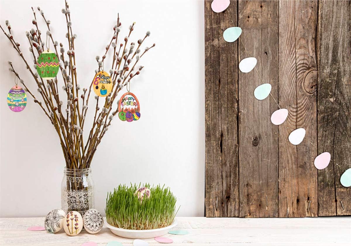 30 PCS Easter Wooden Hanging Ornaments Unfinished Wood Slices Eggs Easter Crafts for Kids DIY Easter Decorations Party Supplies Decor