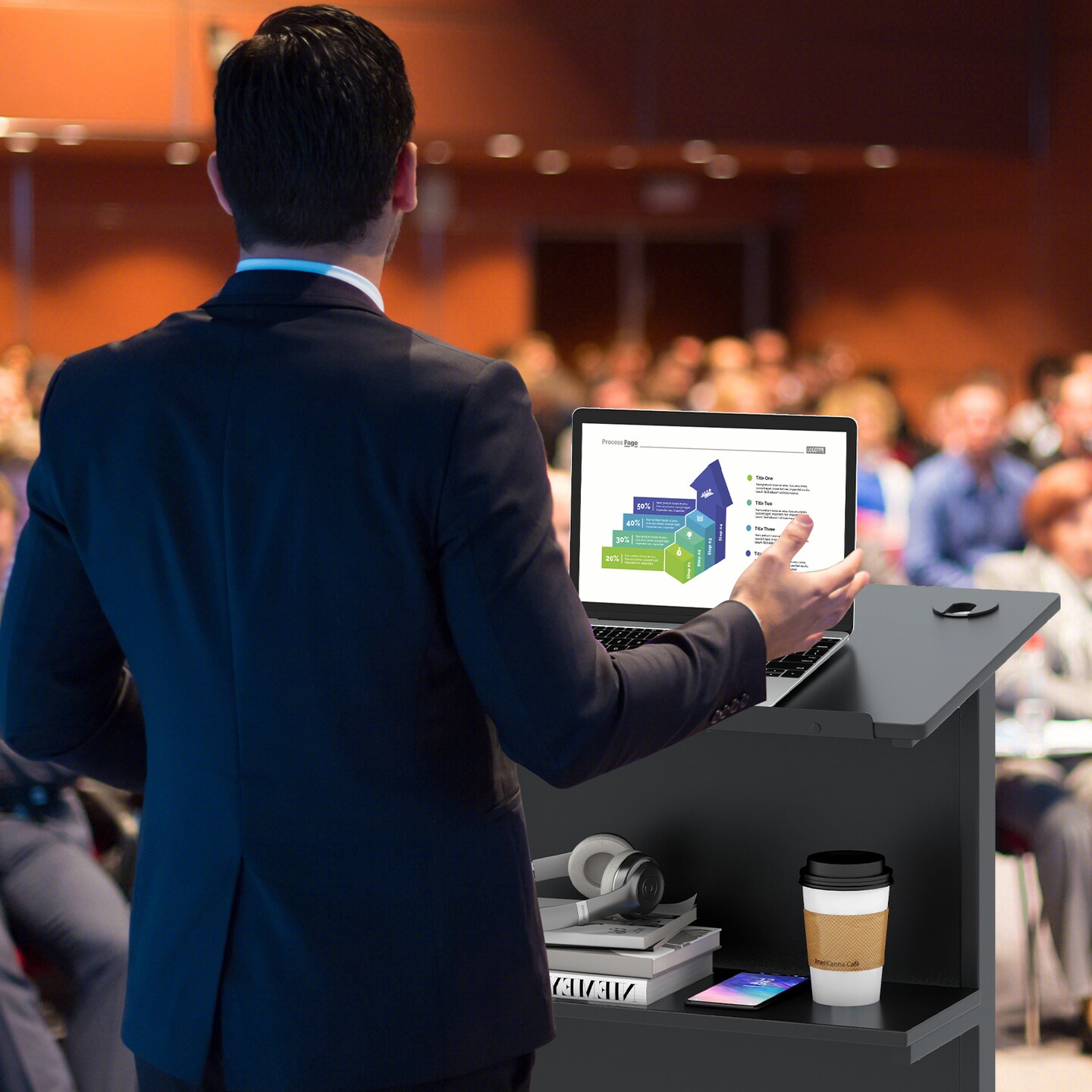 3-Position Black Height Adjustable Lectern Table with Tilted Tabletop and Built-In Cable Hole