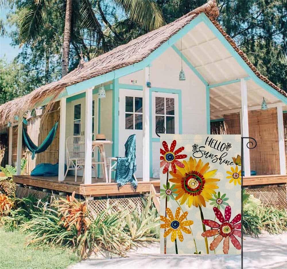 Spring Flowers Garden Flag 12x18 Inch Double Sided,Hello Sunshine Sunflower Daisy Small Yard Flags for Outdoor,Summer Seasonal Decoration for Farmhouse Holiday Outside
