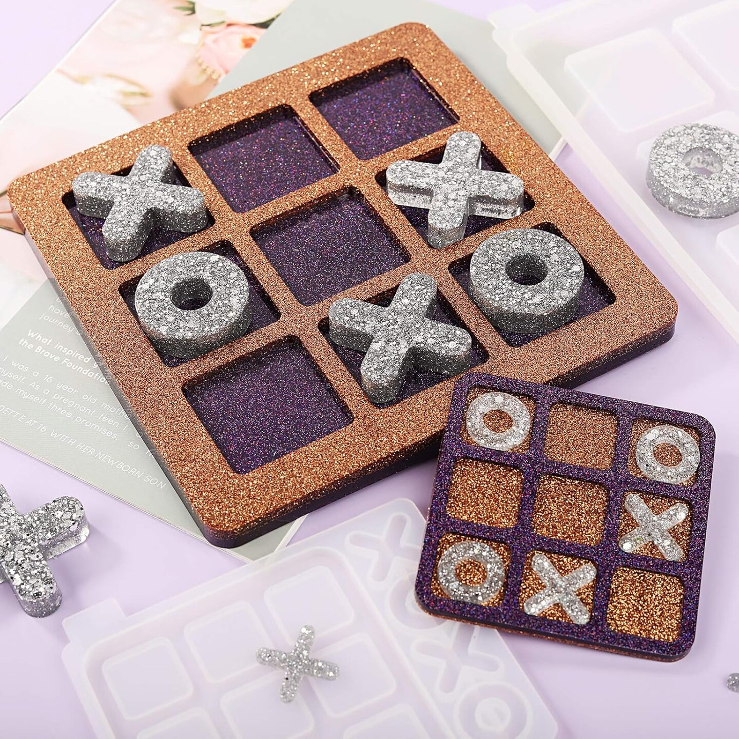 LET&#x27;S RESIN Large Tic Tac Toe Resin Mold 2Pcs, Tic Tac Toe Molds for Resin Casting, Large Epoxy Resin Silicone Molds for DIY Tabletop Board Game,Travel Game