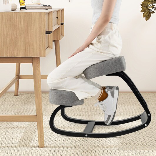 Gray Wooden Ergonomic Rocking Kneeling Chair with Crossbars and Padded Cushion